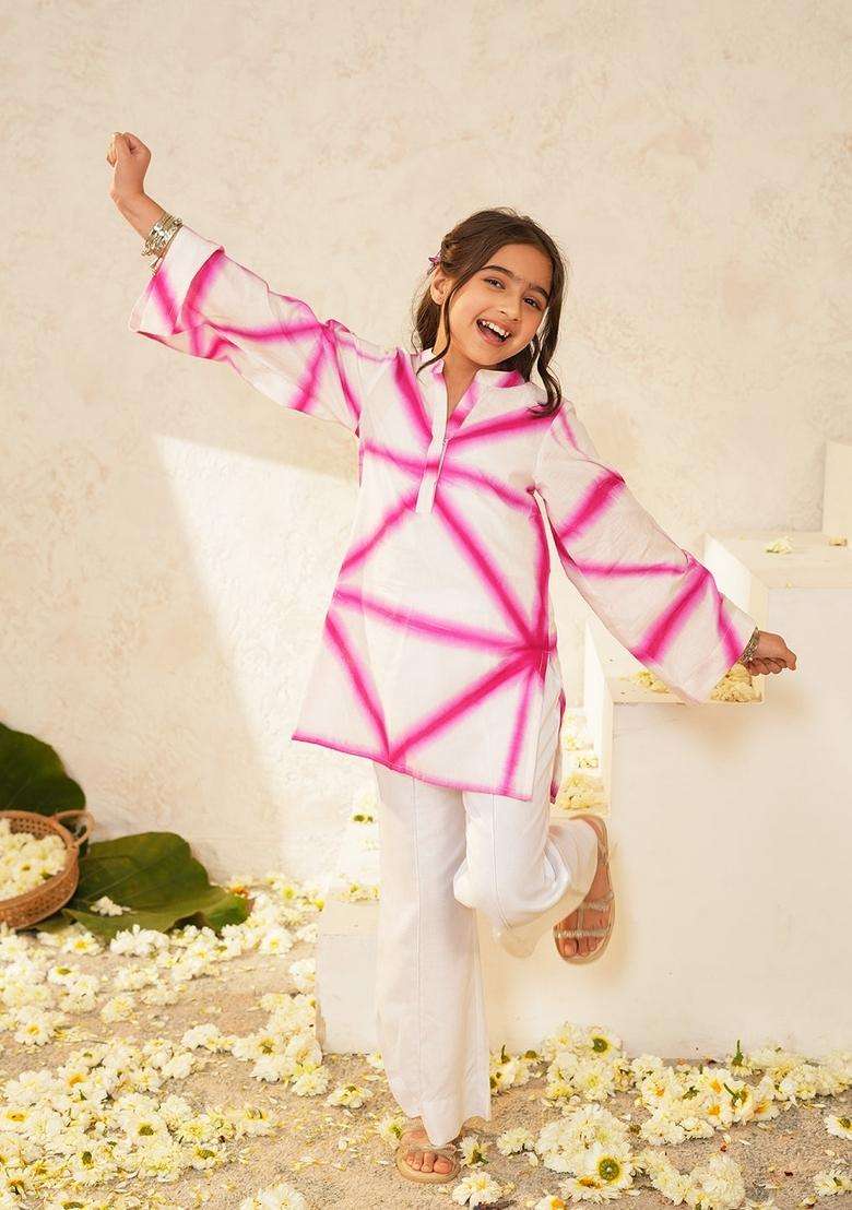 White And Pink Woven Cotton Kurta set For Girl - Indya