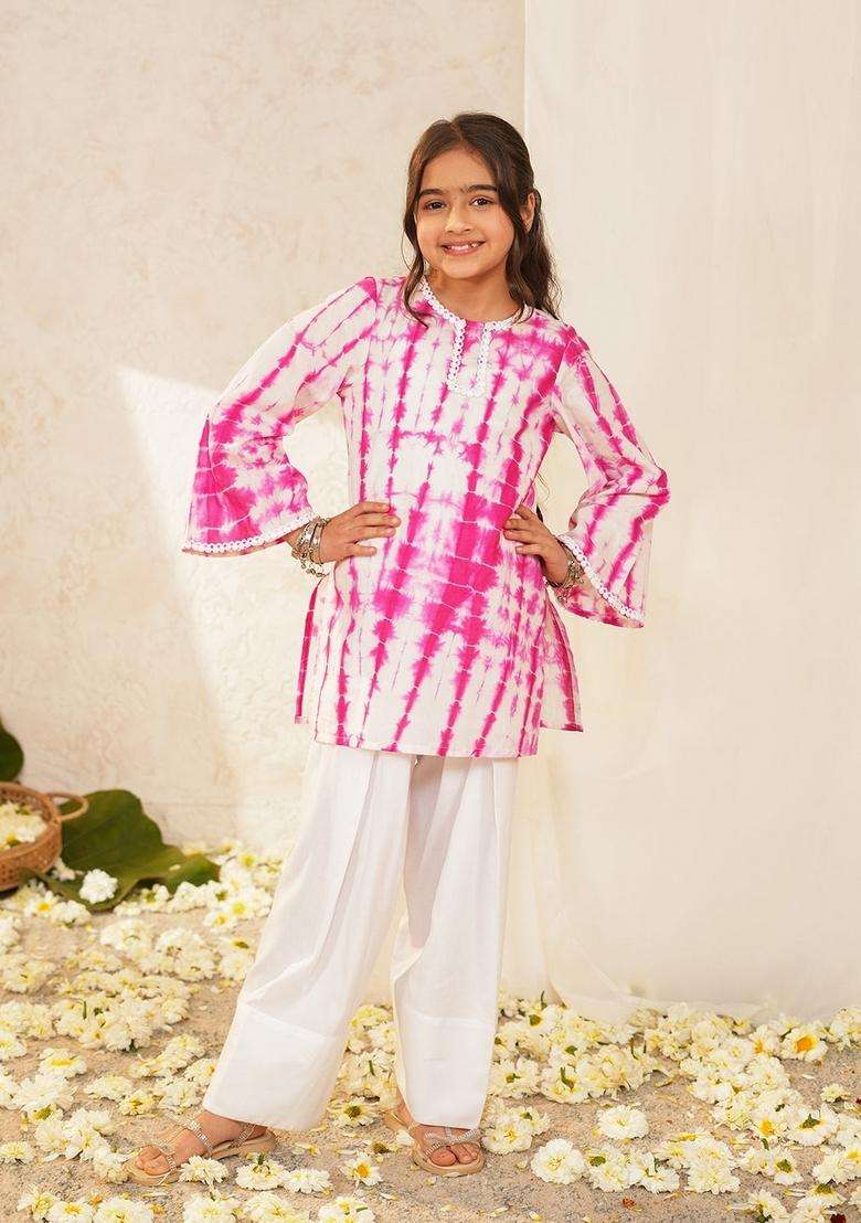 White And Pink Woven Cotton Kurta set For Girl - Indya