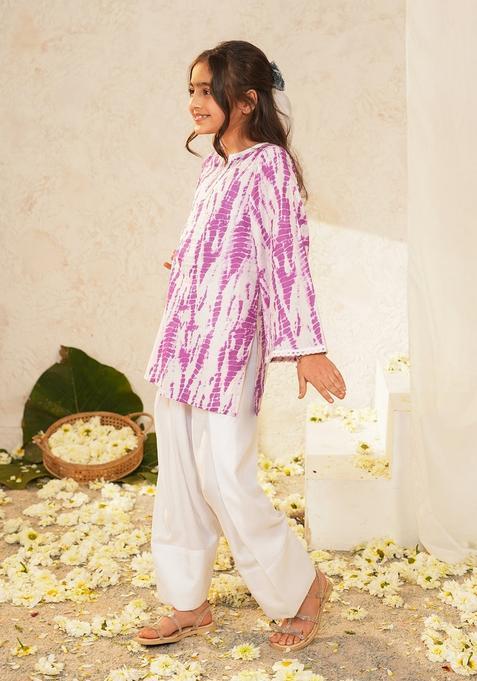White And Purple Woven Cotton Kurta set For Girl