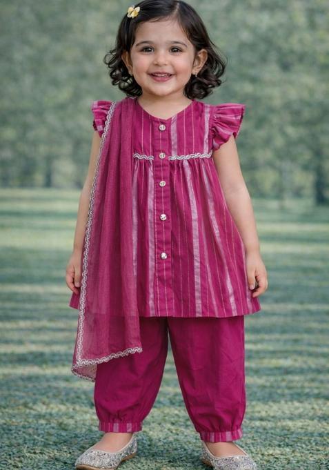 Pink Floral Print Cotton Kurta Pajama set For Girl