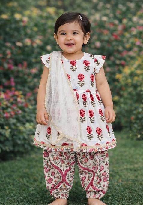 White Floral Print Cotton Kurta Pajama set For Girl
