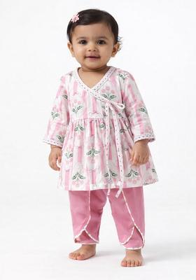 White Floral Print Cotton Kurta Dhoti Set For Girl