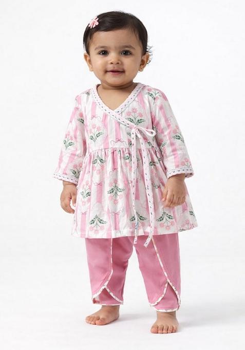 White Floral Print Cotton Kurta Dhoti Set For Girl