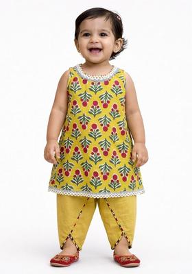 Yellow Floral Print Cotton Kurta Dhoti Set For Girl
