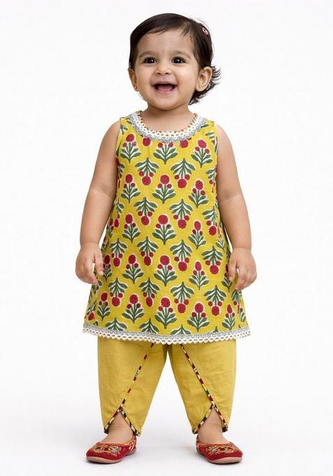 Yellow Floral Print Cotton Kurta Dhoti Set For Girl — view on Indya