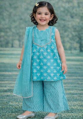 Blue Floral Print Cotton Kurta Palazzo Set For Girl