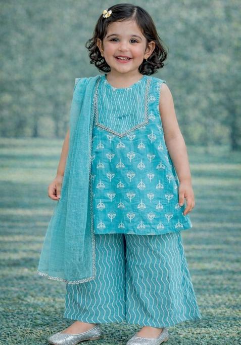 Blue Floral Print Cotton Kurta Palazzo Set For Girl — view on Indya