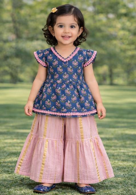 Navy Blue Floral Print Cotton Kurta Palazzo Set For Girl — view on Indya