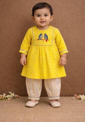 Yellow Thread Work Cotton Kurta Pajama set For Girl