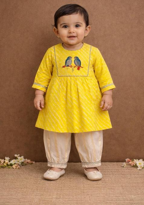 Yellow Thread Work Cotton Kurta Pajama set For Girl