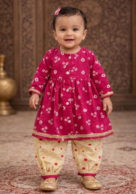 Pink Floral Print Cotton Kurta Pajama set For Girl