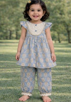 Sky Blue Floral Print Cotton Kurta Pajama set For Girl