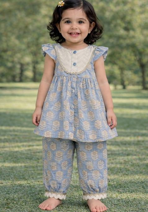 Sky Blue Floral Print Cotton Kurta Pajama set For Girl — view on Indya
