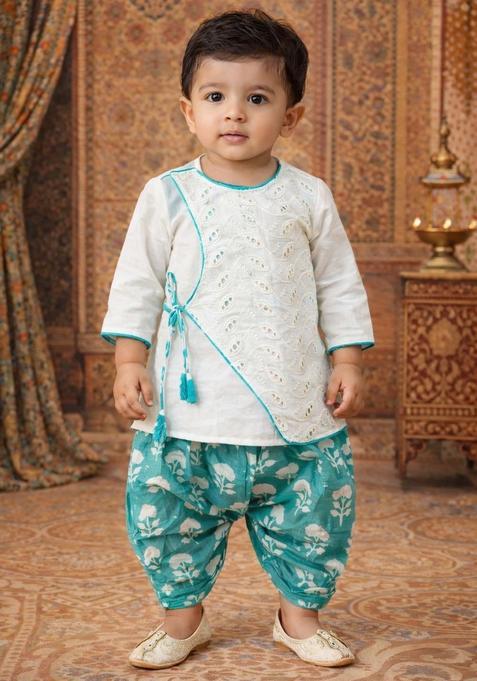 White Embroidery Cotton Kurta Dhoti Set For Girl