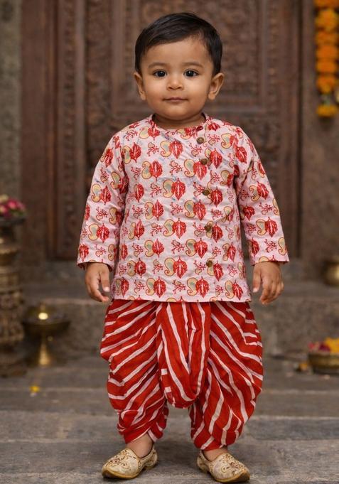 White Floral Print Cotton Kurta Dhoti Set For Girl