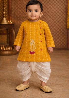Yellow Floral Print Cotton Kurta Dhoti Set For Girl