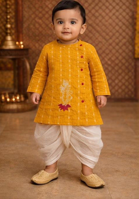 Yellow Floral Print Cotton Kurta Dhoti Set For Girl