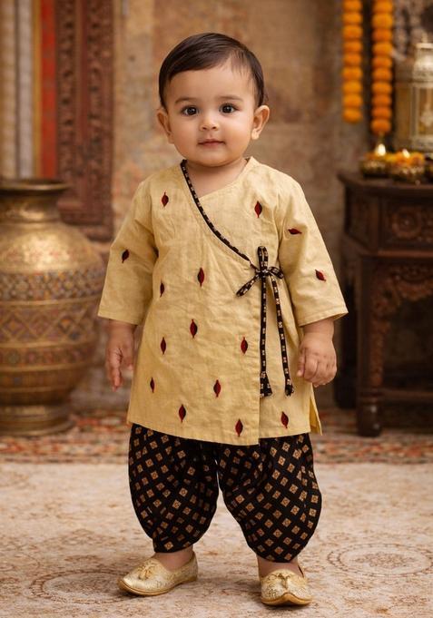 Cream Floral Print Cotton Kurta Dhoti Set For Girl