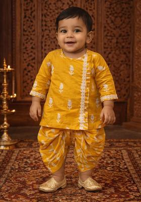 Yellow Floral Print Cotton Kurta Dhoti Set For Girl
