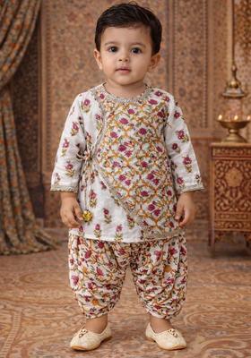 White Floral Print Cotton Kurta Dhoti Set For Girl