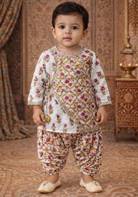 White Floral Print Cotton Kurta Dhoti Set For Girl — view on Indya