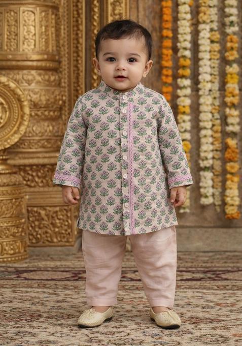 Pink Floral Print Cotton Kurta Pajama Set For Girl — view on Indya