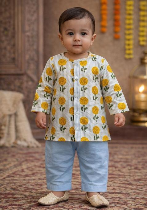 White Floral Print Cotton Kurta Pajama Set For Girl