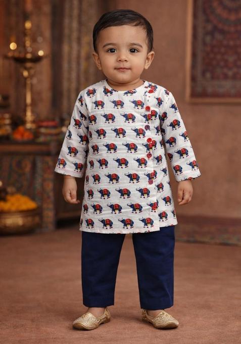 White Floral Print Cotton Kurta Pajama Set For Girl