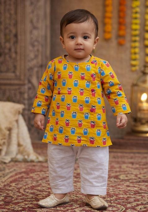 Yellow Floral Print Cotton Kurta Pajama Set For Girl