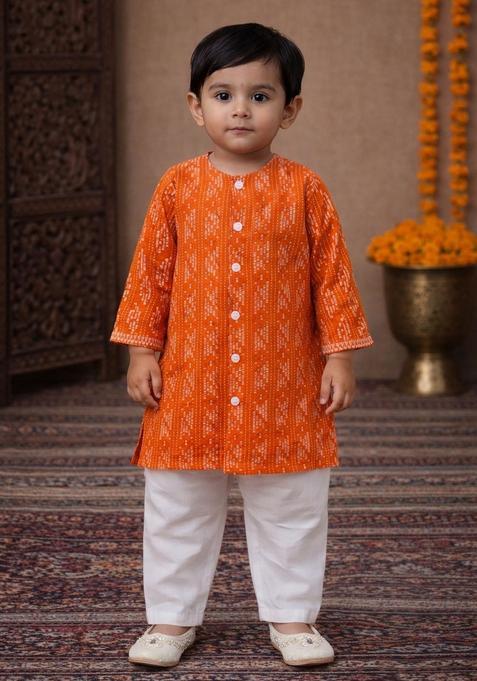 Orange Floral Print Cotton Kurta Pajama Set For Girl