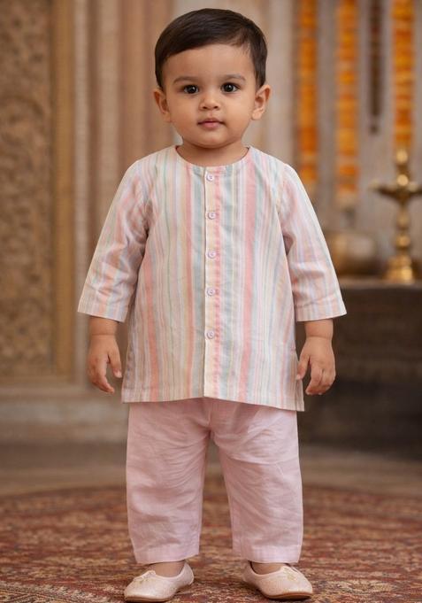 Pink Floral Print Cotton Kurta Pajama Set For Girl