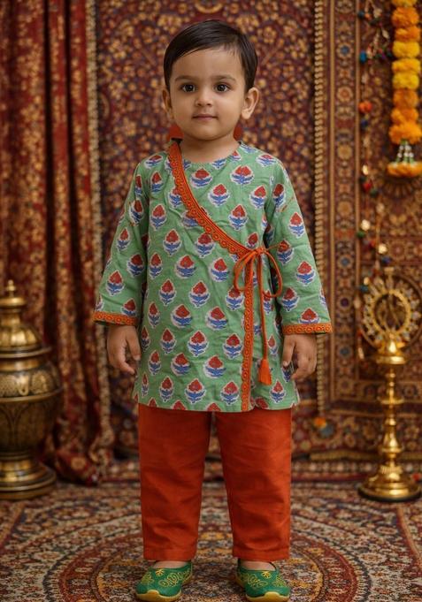 Green Floral Print Cotton Kurta Pajama Set For Girl