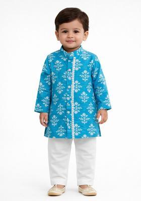 Blue Floral Print Cotton Kurta Pajama Set For Girl