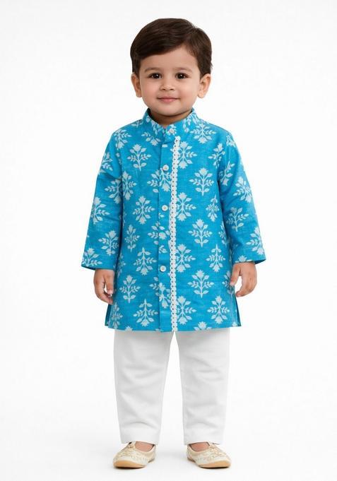 Blue Floral Print Cotton Kurta Pajama Set For Girl — view on Indya