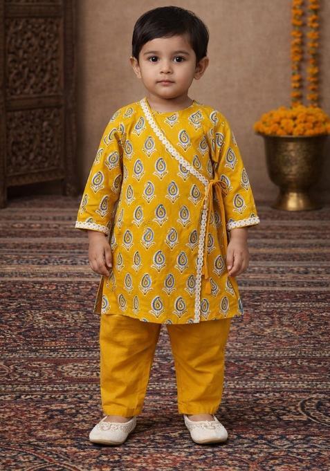 Yellow Floral Print Cotton Kurta Pajama Set For Girl