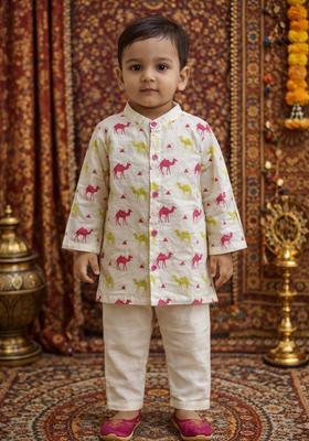 Cream Floral Print Cotton Kurta Pajama Set For Girl