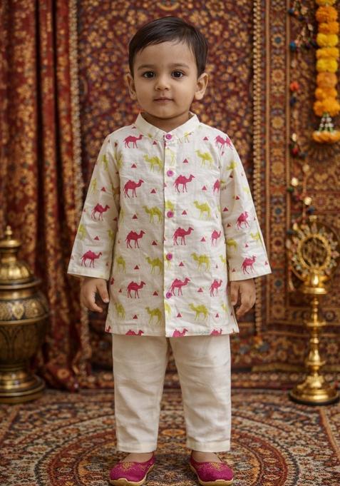 Cream Floral Print Cotton Kurta Pajama Set For Girl