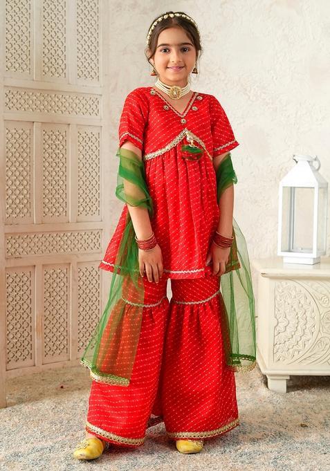 Red Leheriya Cotton Sharara Set For Girl