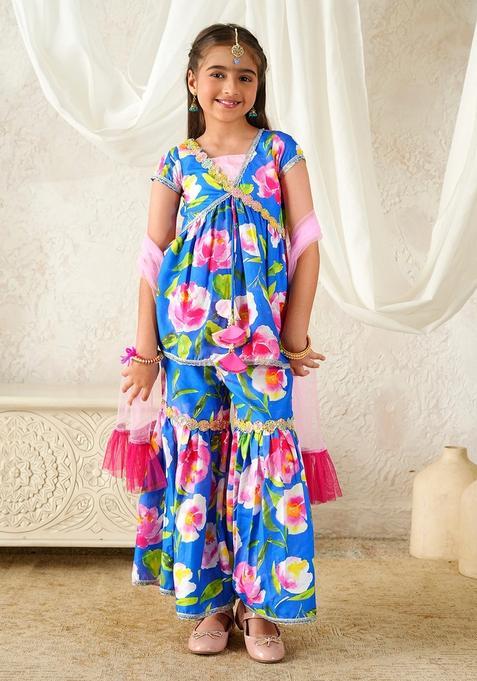Blue Floral Print Cotton Sharara Set For Girl — view on Indya
