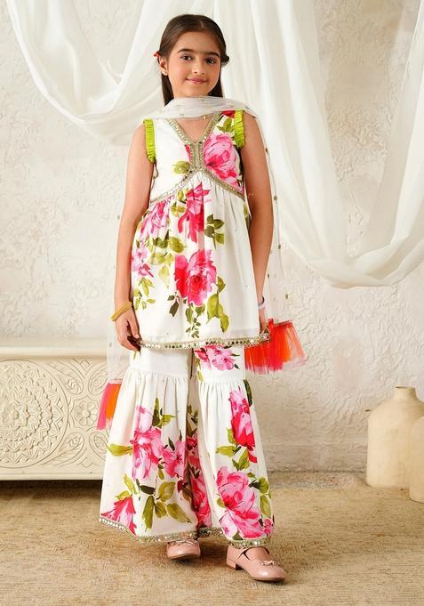 White Floral Print Cotton Sharara Set For Girl