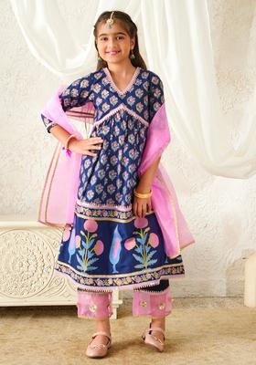 Navy Blue Floral Print Cotton Kurta set For Girl