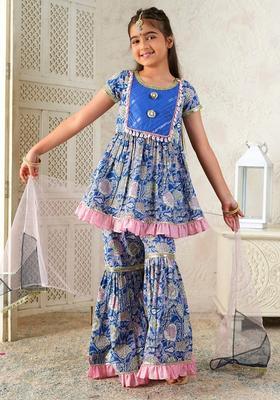 Blue Floral Print Cotton Sharara set For Girl