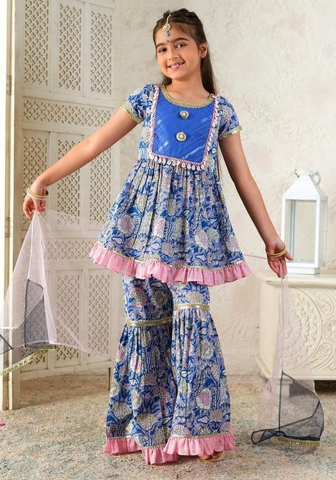 Blue Floral Print Cotton Sharara set For Girl — view on Indya