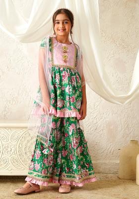 Green Floral Print Cotton Sharara set For Girl