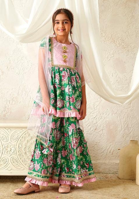 Green Floral Print Cotton Sharara set For Girl