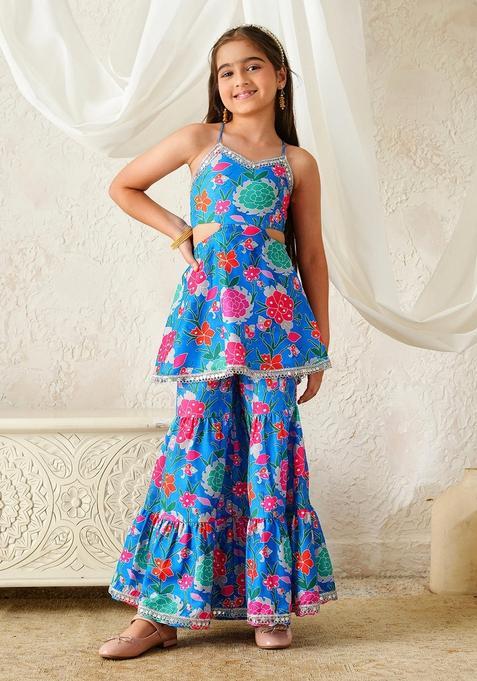 Blue Floral Print Cotton Sharara set For Girl — view on Indya