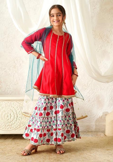 Red Floral Print Rayon Sharara set For Girl