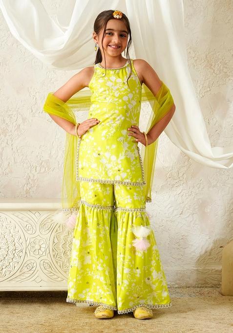 Green Floral Print Cotton Sharara set For Girl
