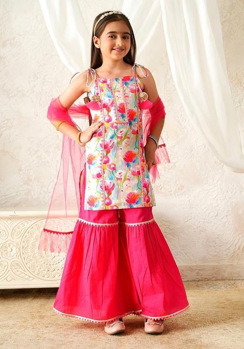 Pink Motif Viscose Sharara set For Girl