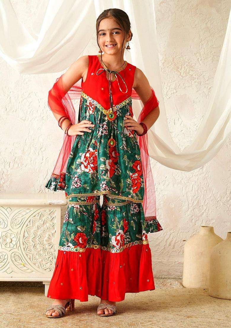 Multicolor Floral Print Cotton Sharara set For Girl - Indya